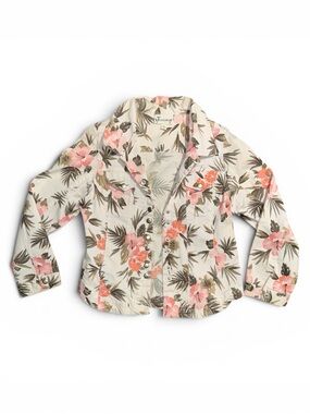 Tanzara Cream Floral Button-Front Floral Palm Leaves Jacket Small
